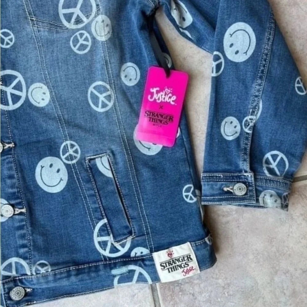Stranger Things X Justice Girls Jean Jacket | Peace & Smiley Faces | M | 7-8